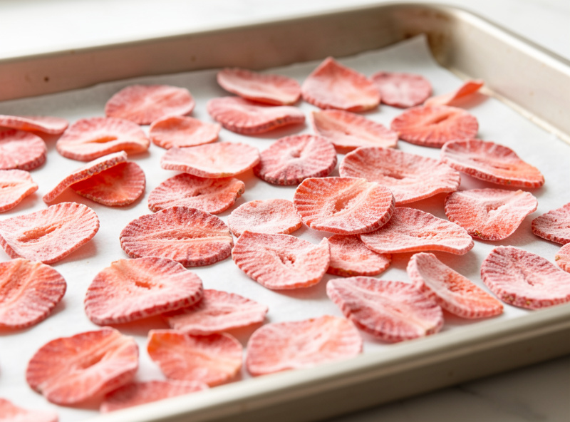 Freeze-dried strawberry slices on a tray after a successful first batch, light and crisp