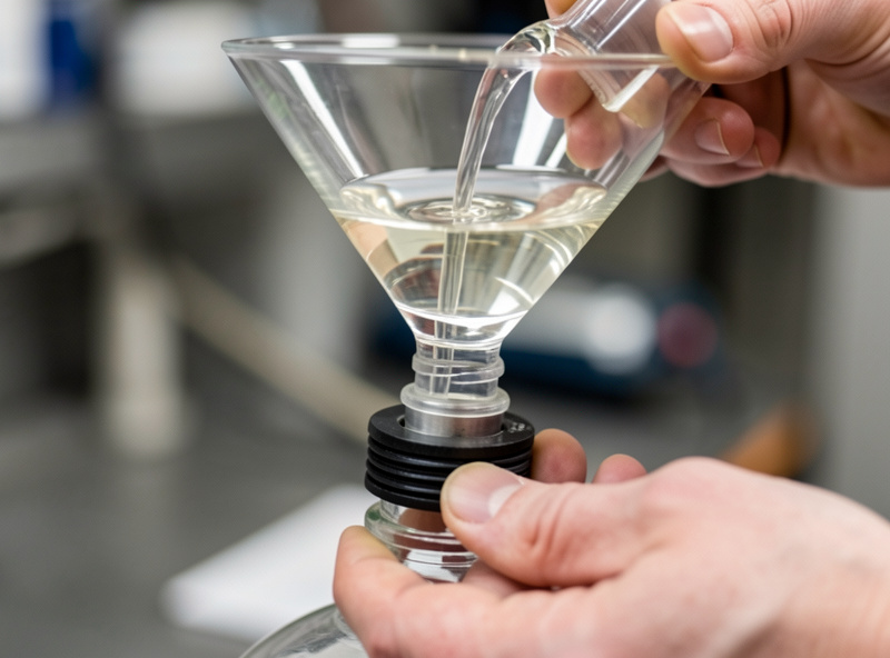 Fresh clear oil being poured through a funnel into a freeze dryer vacuum pump fill port