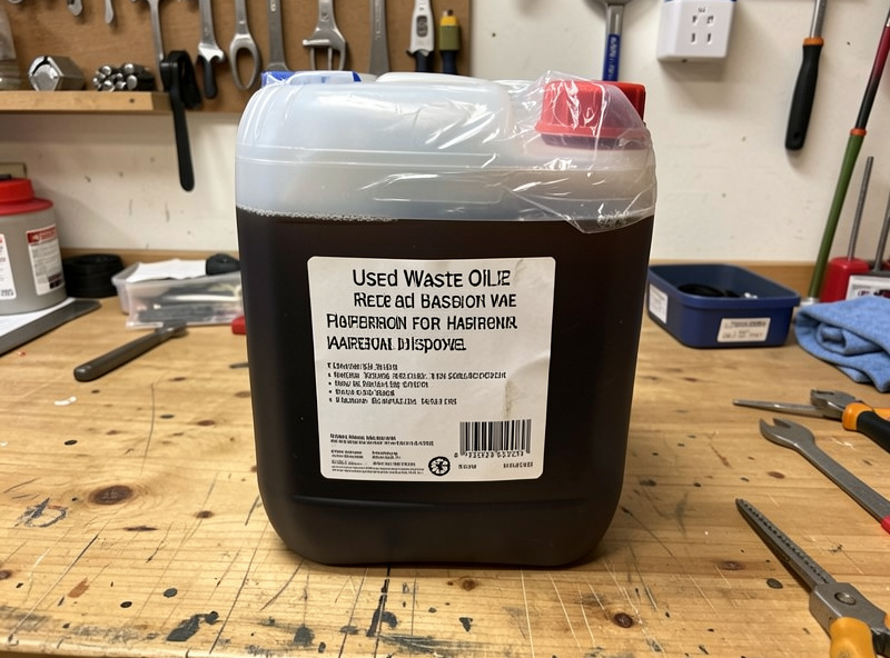 Used vacuum pump oil being sealed into a labeled container for hazardous waste disposal