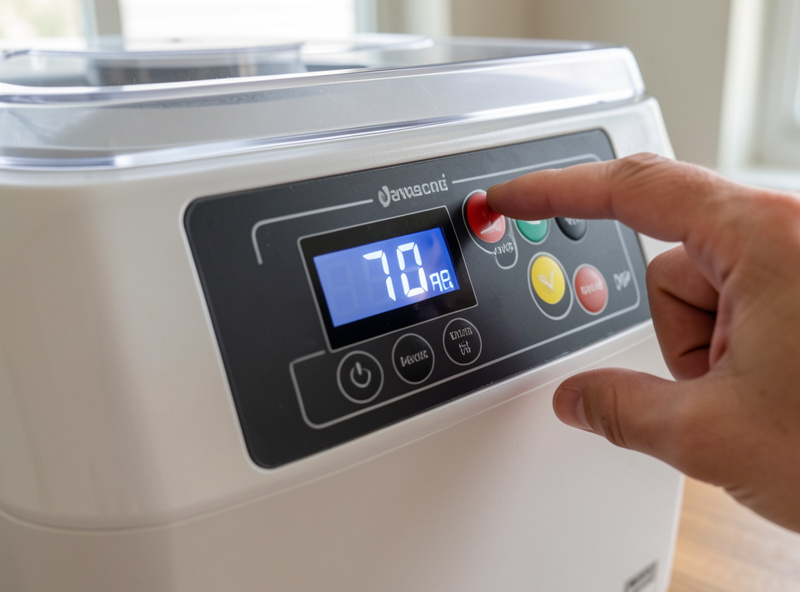Operator checking the display and elapsed time on a running home freeze dryer