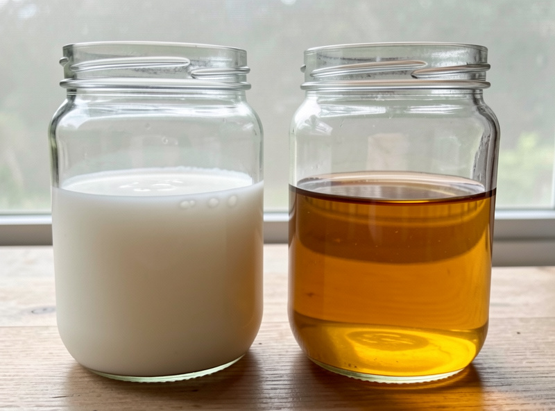 Cloudy milky saturated vacuum pump oil compared with clean clear oil in the sight glass