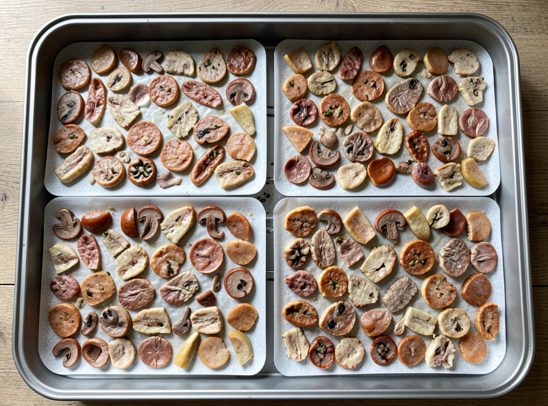 Evenly loaded freeze dryer trays with food spread thin for complete drying