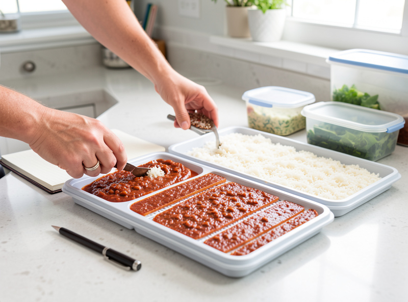 Home cook spreading cooked chili and rice in thin even layers on freeze dryer trays for a camping meal batch