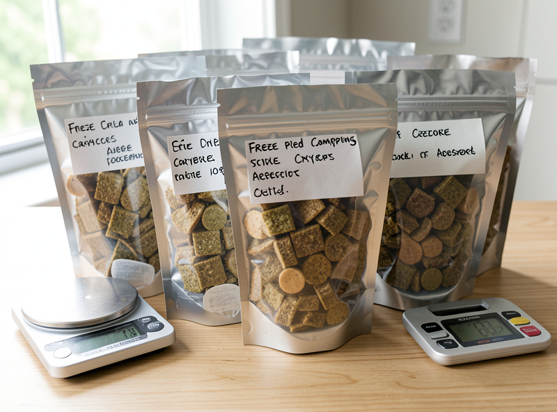 Single-serving mylar pouches of freeze dried camping meals with labels and a scale showing low gram weight