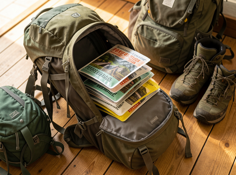 Backpack being loaded with a tidy stack of lightweight freeze dried meal pouches