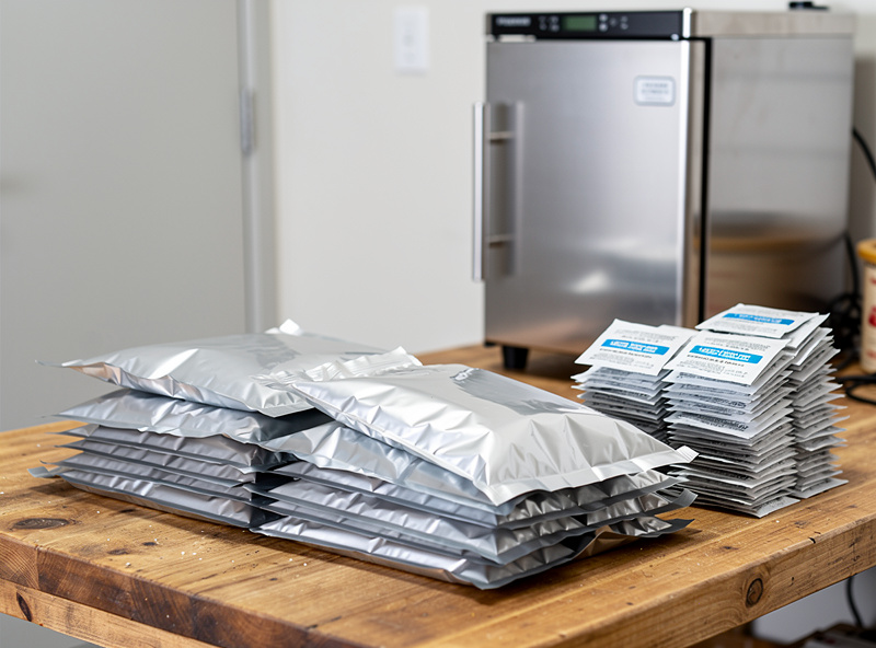 A bulk supply of mylar bags and oxygen absorber packets on a workbench