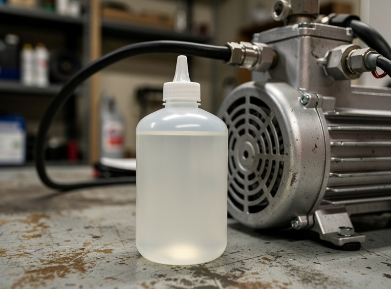 A bottle of vacuum pump oil beside a freeze dryer pump in a utility room