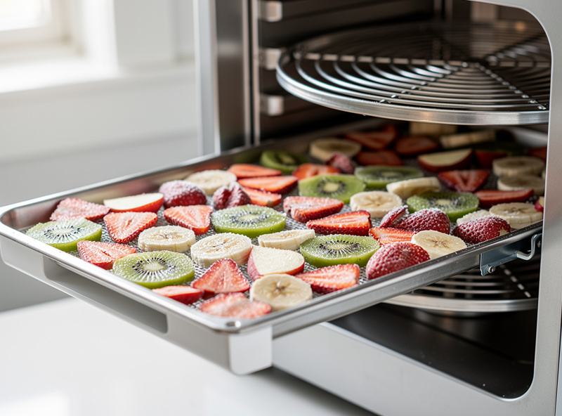 A tray of thinly sliced pre-frozen fruit being placed into a freeze dryer