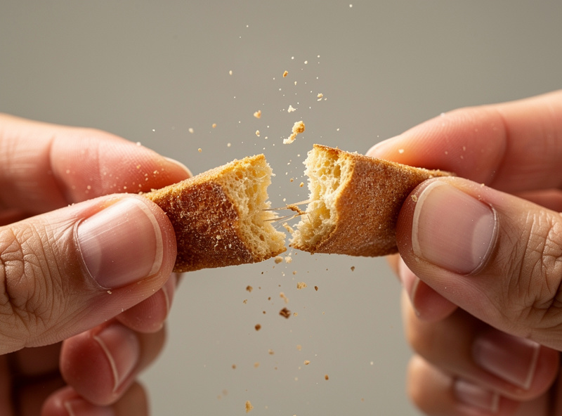 Hands snapping a piece of freeze-dried fruit to test for doneness
