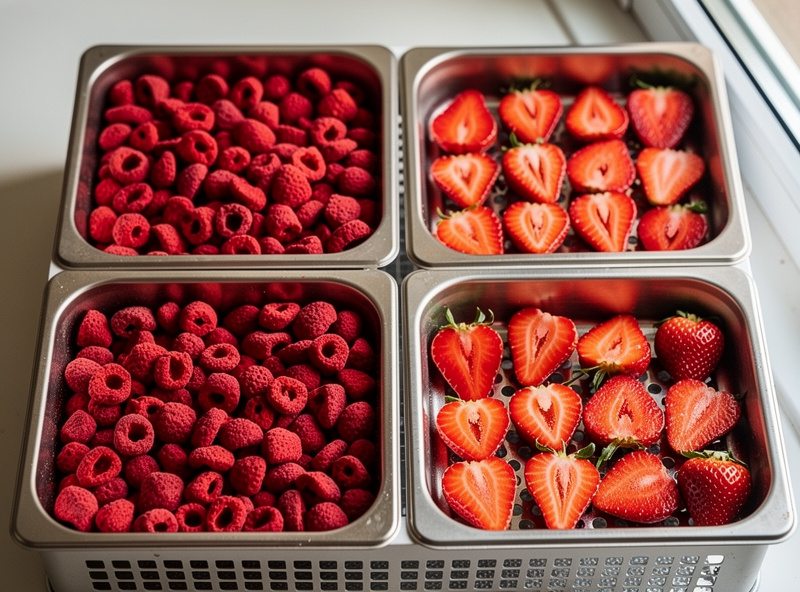 Trays of freeze-dried strawberries fresh out of a home freeze dryer