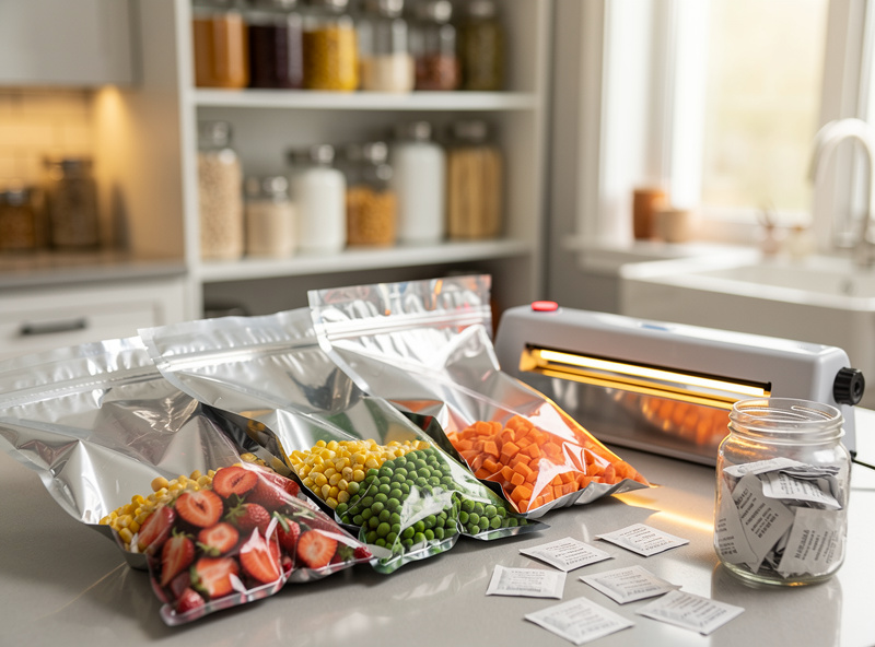 Mylar bags of freeze-dried food being sealed with an impulse sealer