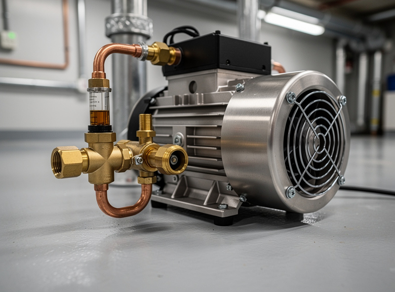 Close-up of a freeze dryer oil vacuum pump running on a utility room floor