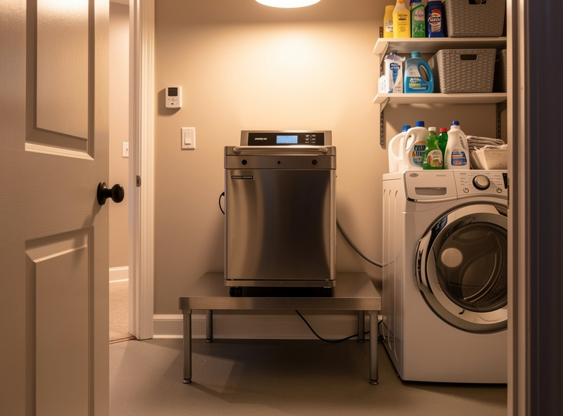 A freeze dryer placed in a closeable utility room next to a washer