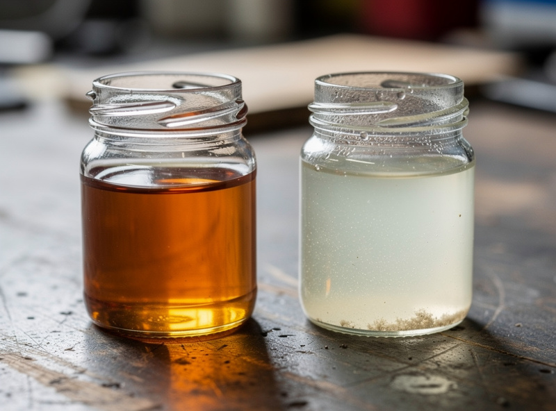 Two jars of vacuum pump oil, one clear and clean, one cloudy and milky used