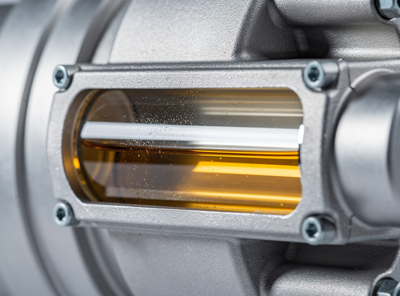 Close-up of a vacuum pump sight glass showing the oil level line