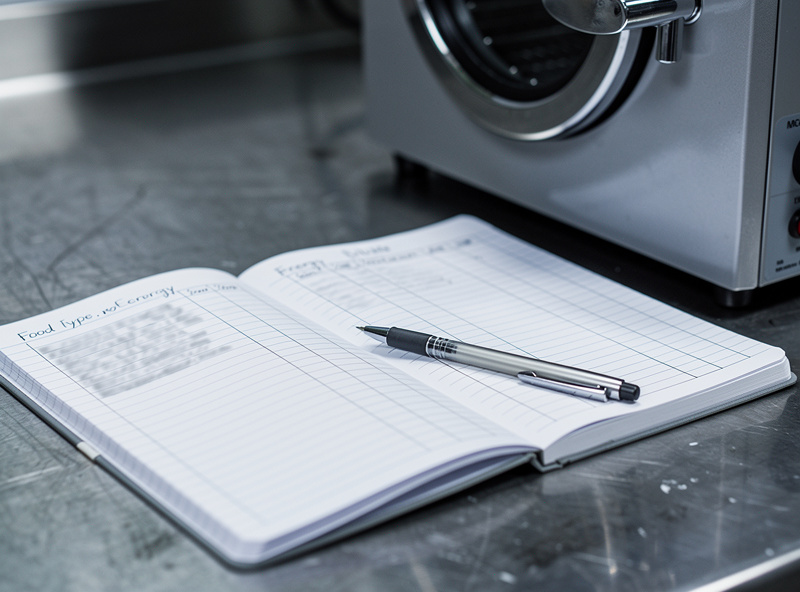 A handwritten batch log notebook beside a freeze dryer with columns of figures