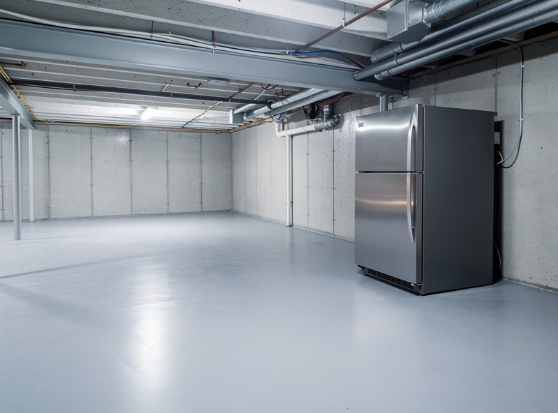 A heavy appliance against a wall in a clean unfinished basement on sealed concrete