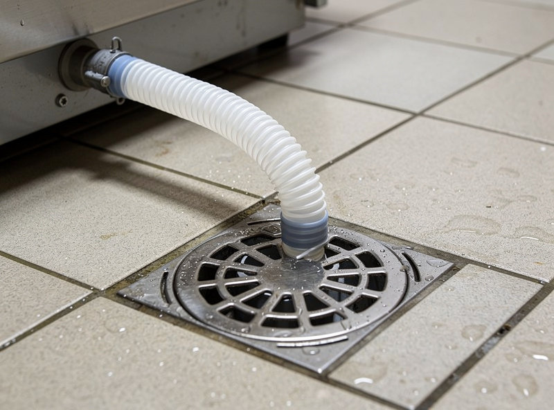 A floor drain and defrost-water hose routed from an appliance on a tiled floor