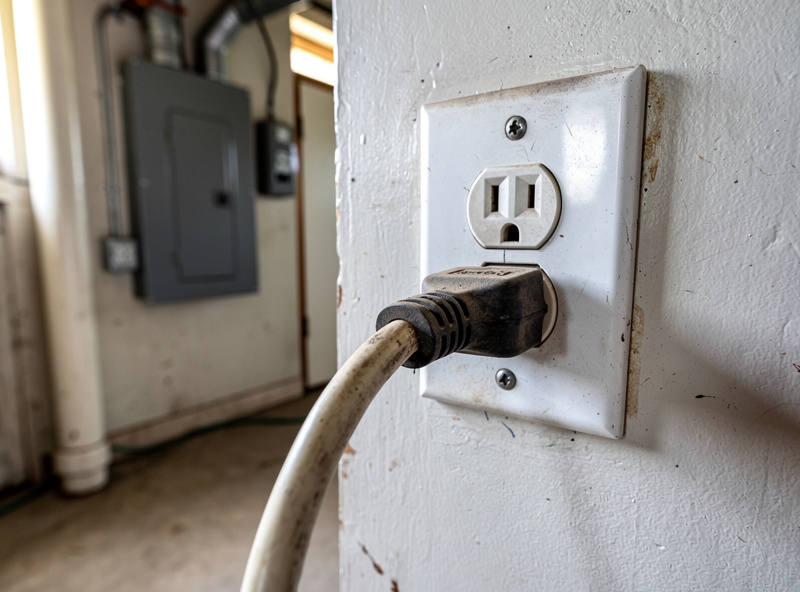 A wall outlet with a single appliance plug and a breaker panel in the background