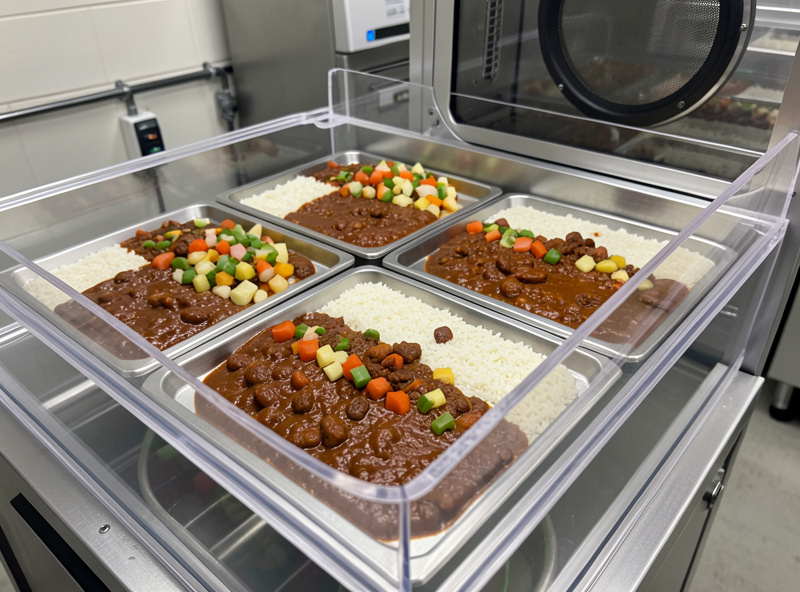 Stainless freeze dryer trays loaded with thin even layers of chili, rice and diced vegetables ready for a meal batch