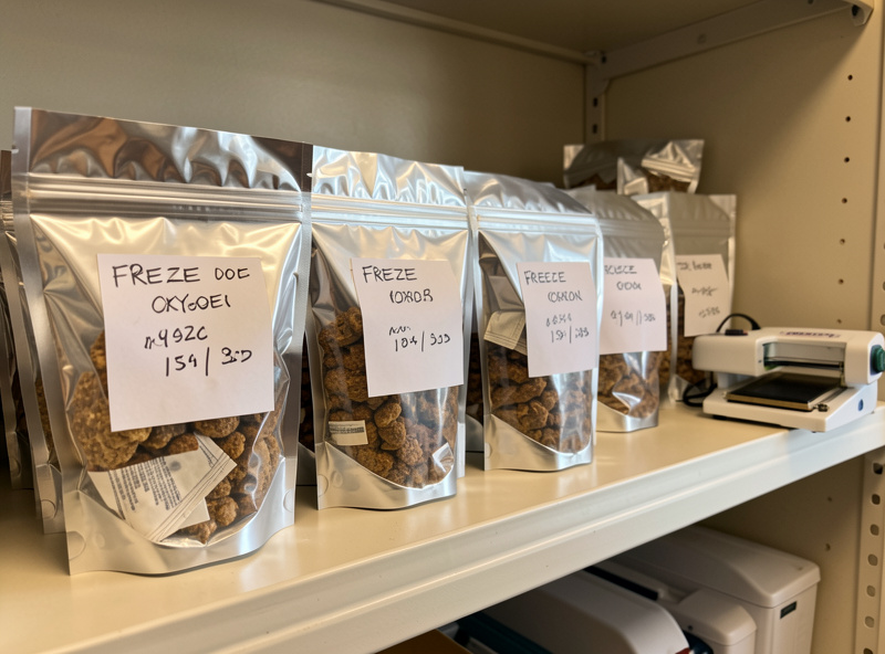 Labeled mylar bags of freeze dried meals with oxygen absorbers and an impulse sealer on a utility shelf