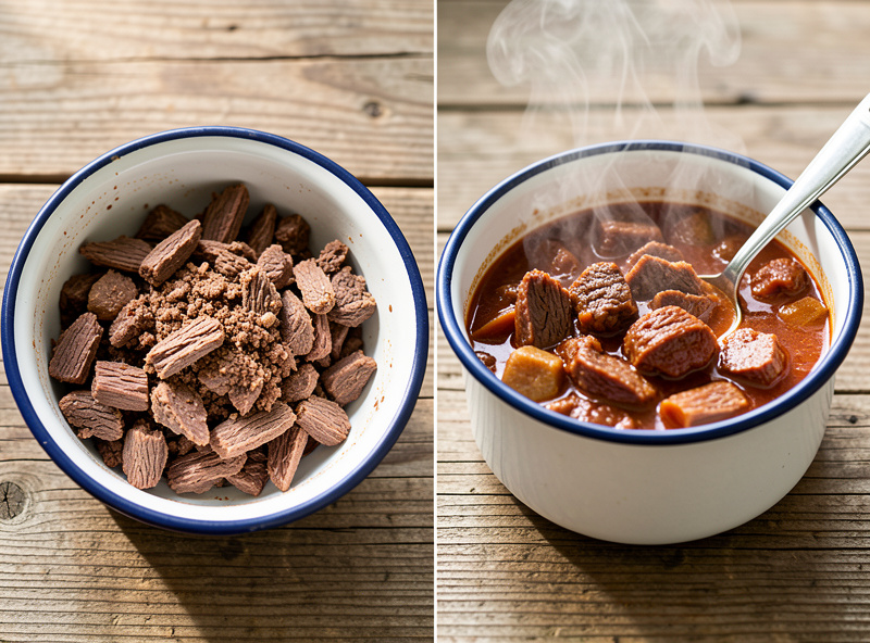 Freeze dried beef stew shown as a dry portion beside the same meal rehydrated and steaming in a camp bowl