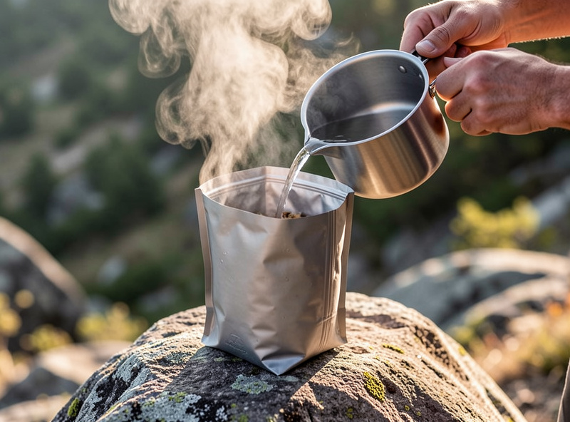 Hands pouring measured hot water from a camp pot into an open freeze dried meal pouch on a rock