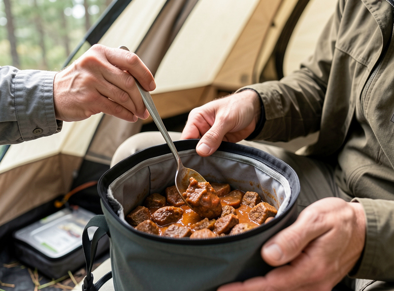 Camper stirring and checking the texture of a rehydrated freeze dried stew in an insulated pouch