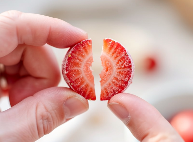 A hand snapping a freeze-dried strawberry slice in half to perform the dry check snap test