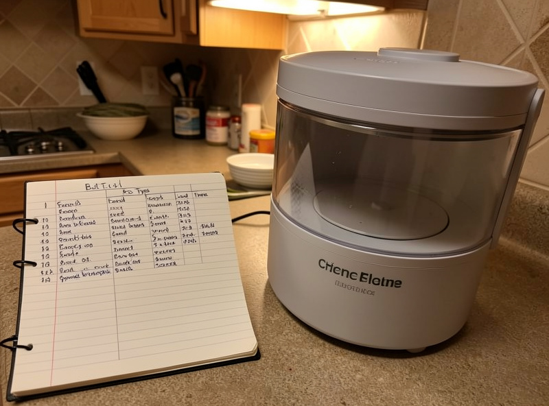 An open handwritten batch log notebook beside a home freeze dryer recording food type, load weight, and cycle time