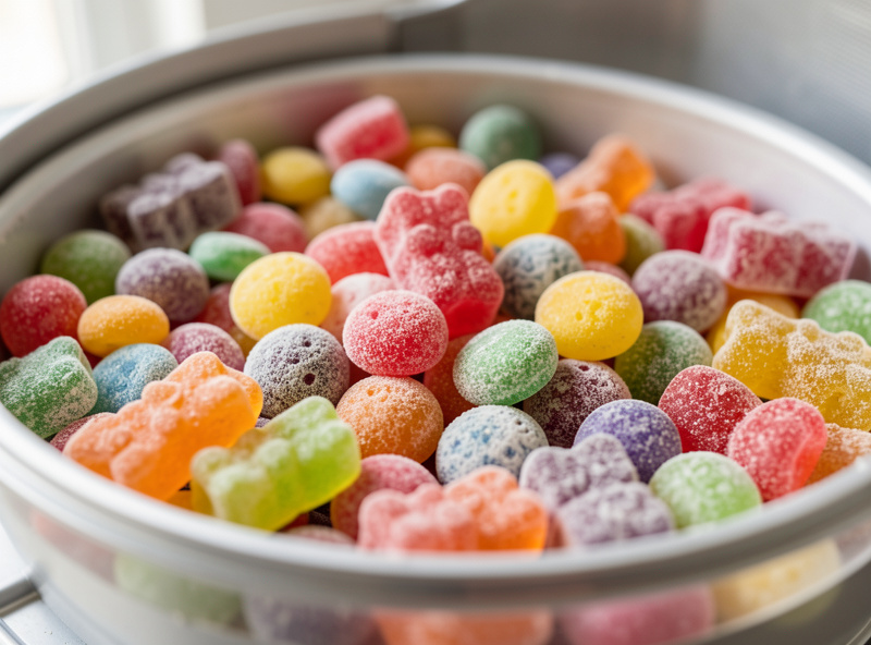 Tray of freeze-dried candy showing puffed Skittles and gummy bears expanded to twice their size