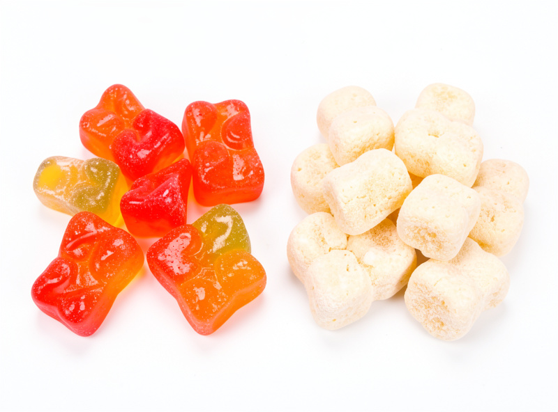 Close-up comparison of regular gummy bears beside puffed freeze-dried gummy bears showing the size and texture change