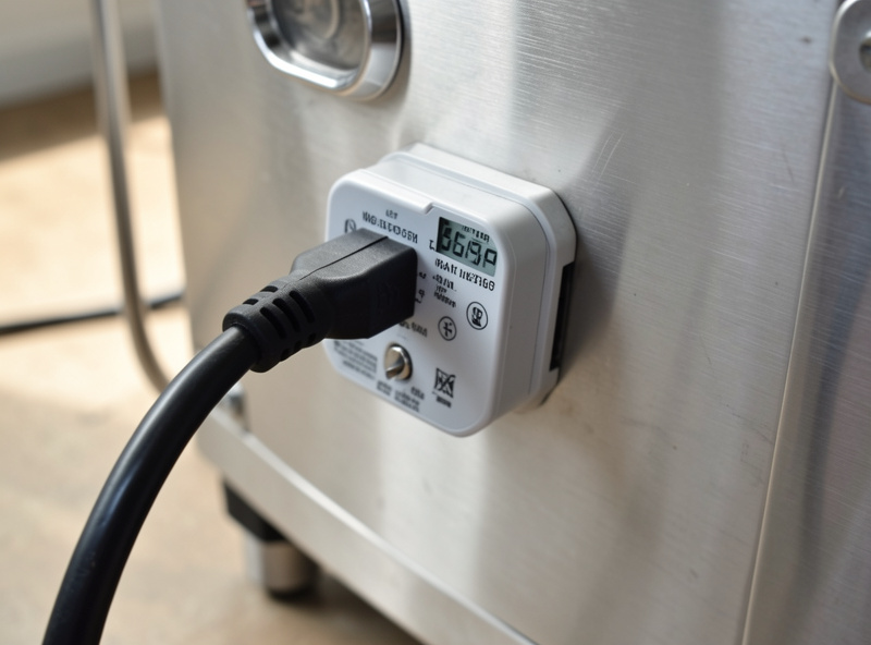 A plug-in power meter on a freeze dryer plug showing electricity use during a batch