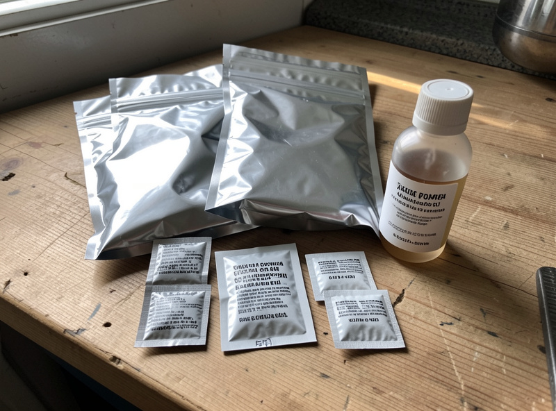 Mylar bags, oxygen absorbers and a bottle of pump oil laid out as freeze drying consumable costs