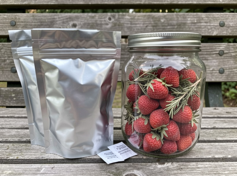 Mylar bags and glass jars of freeze dried food with oxygen absorbers laid out on a packaging bench