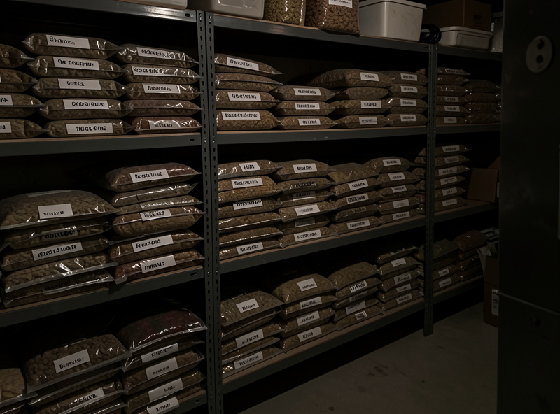 Basement shelving stacked with labeled mylar bags of freeze dried food in cool dark storage