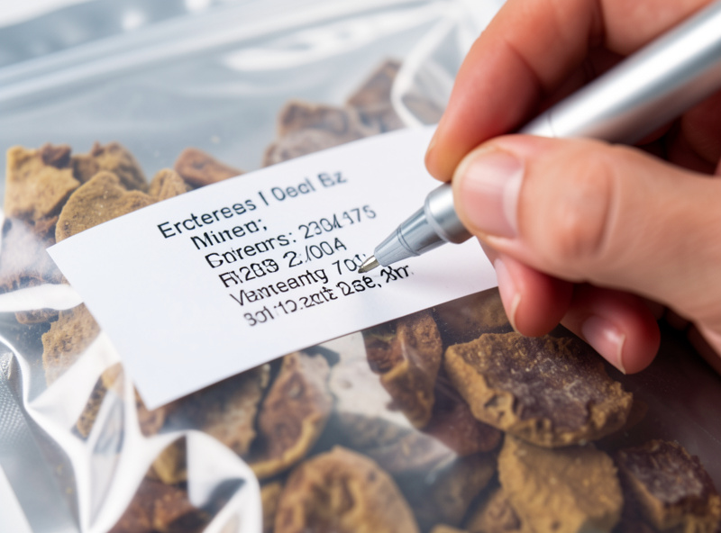 Close up of a paint pen labeling a mylar bag with contents and batch date for storage rotation