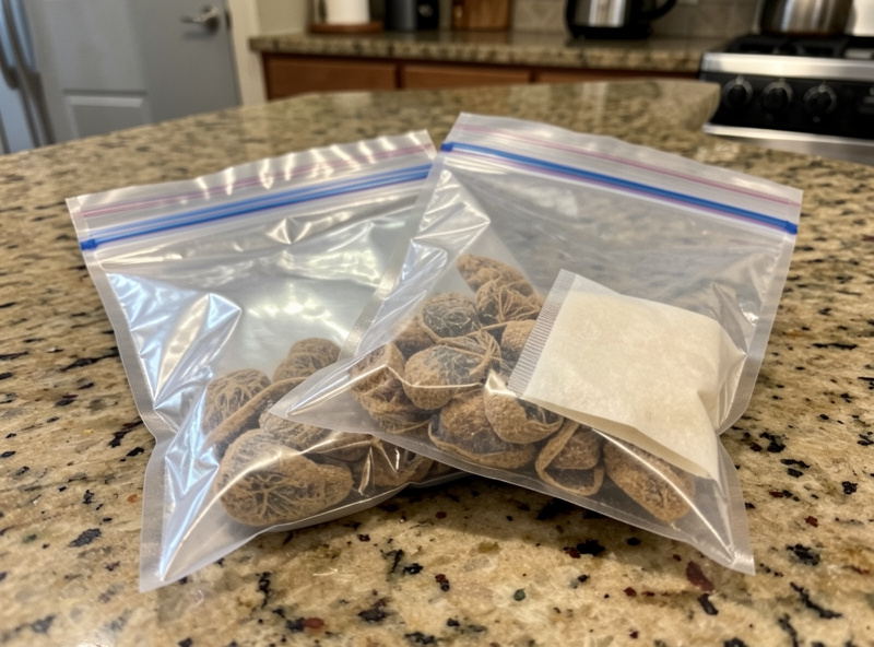 Mylar bags and oxygen absorber packets with freeze-dried food being sealed on a kitchen counter