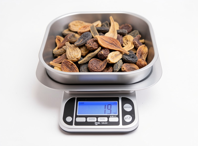 A digital kitchen scale weighing freeze-dried food in a tray for batch logging