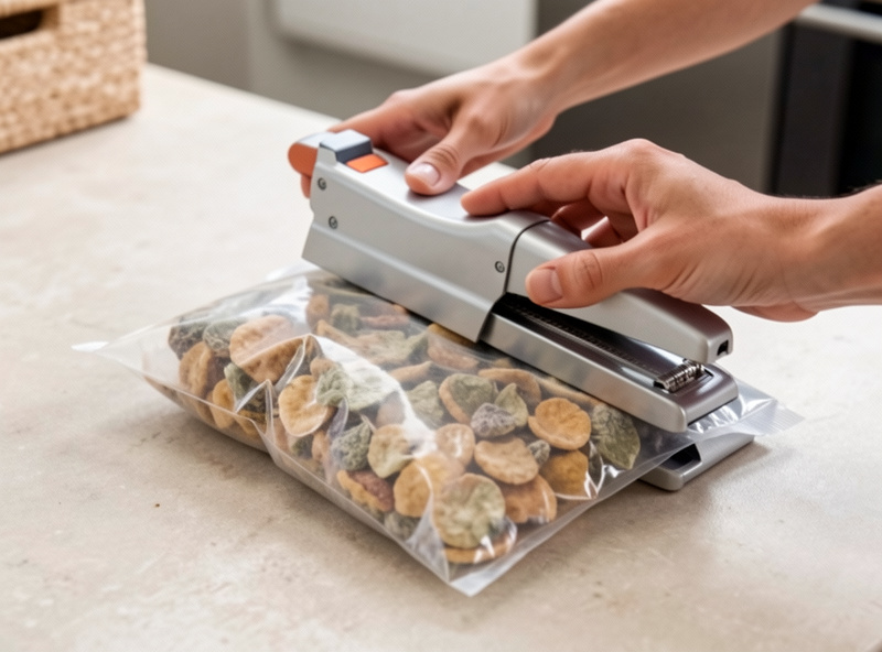 An impulse heat sealer closing a mylar bag of freeze-dried food