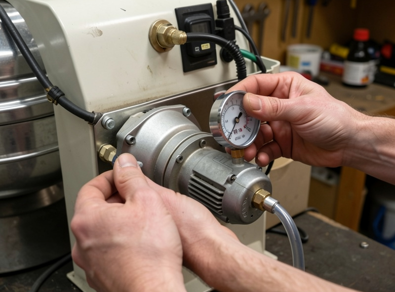 Hands checking a freeze dryer's vacuum gauge and pump during a pre-purchase inspection