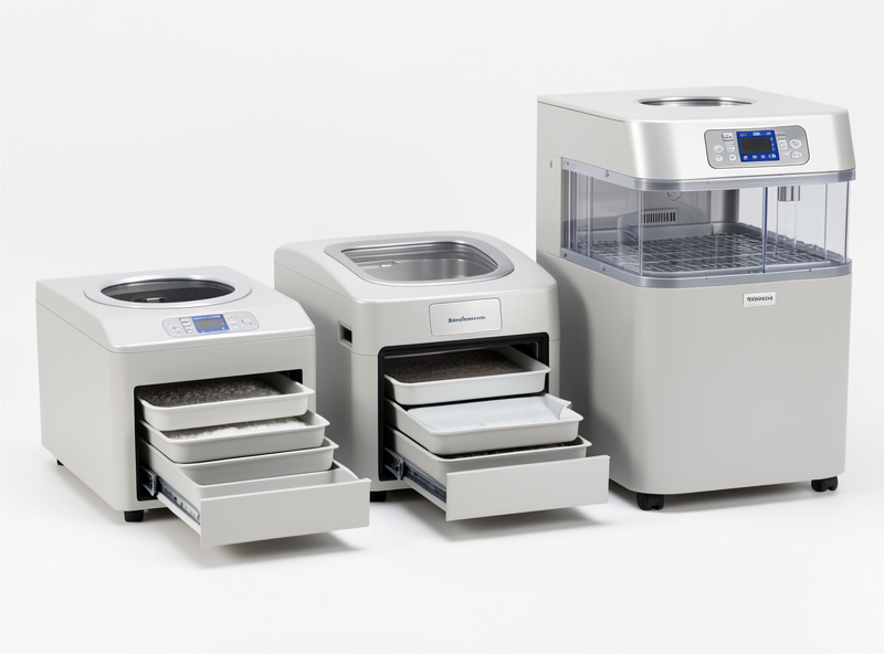 Three home freeze dryer sizes lined up showing relative footprint and tray stacks
