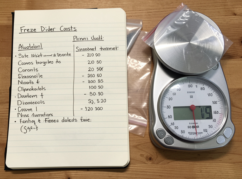 A calculator and notebook with handwritten cost figures beside a home freeze dryer