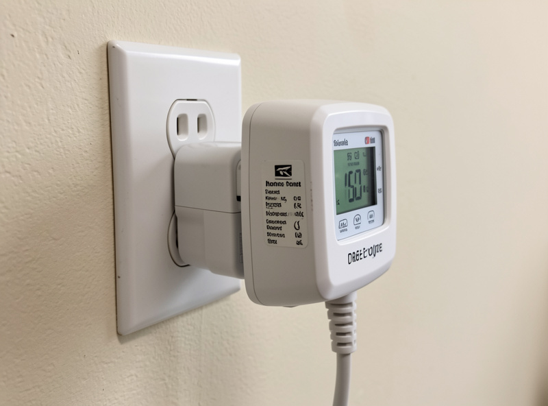 A plug-in energy meter measuring a home freeze dryer's electricity use
