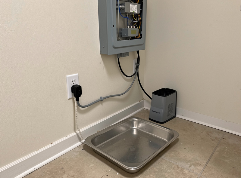 Wall electrical outlet and a drain pan near a freeze dryer install spot
