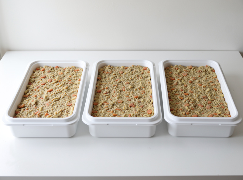 Multiple freeze dryer trays balanced with similar even layers of food before loading the chamber