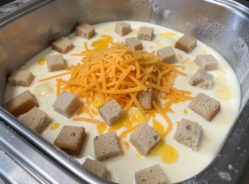 Freeze dryer trays loaded with milk, beaten eggs, shredded cheese and bread cubes ready for a dairy batch