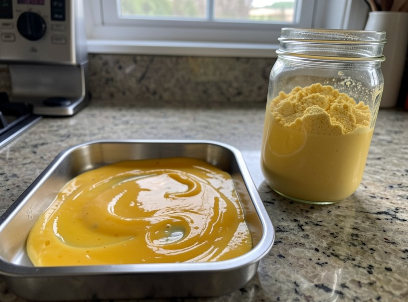 Beaten eggs spread thin in freeze dryer trays beside a jar of finished freeze-dried egg powder