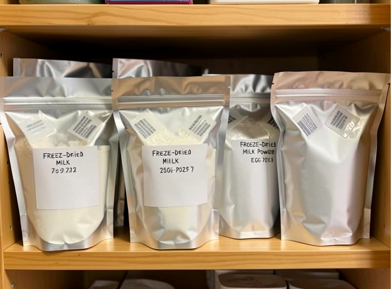 Finished freeze-dried dairy and egg powders sealed in labeled mylar bags with oxygen absorbers