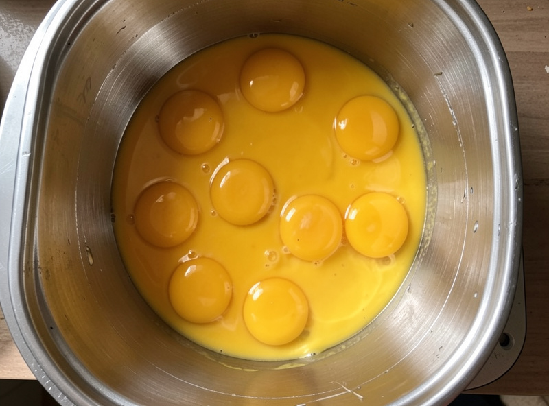 Beaten whole eggs poured in a shallow even layer into a stainless freeze dryer tray